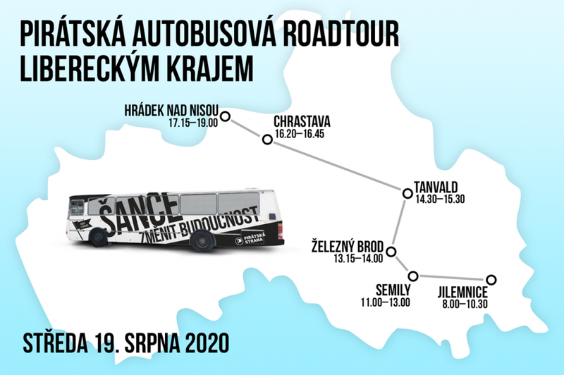 Pirátský autobus budoucnosti projede Libereckým krajem 19. 8. 2020.