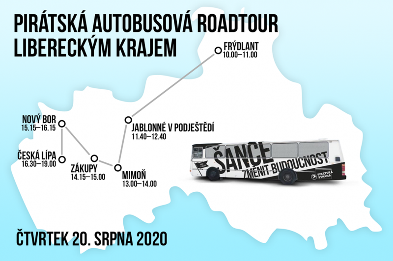 Pirátský autobus budoucnosti projede Libereckým krajem 20. 8. 2020.